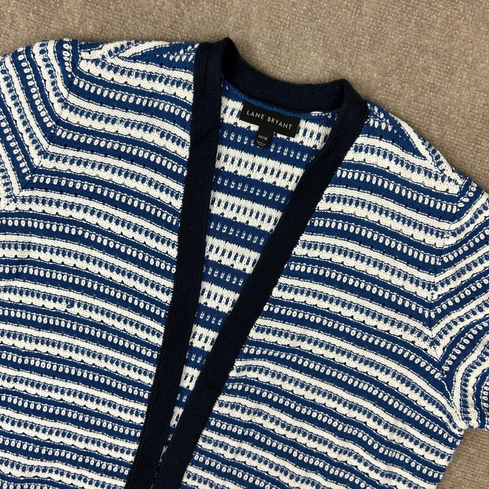 Lane Bryant Cardigan Sweater Women's 14/16 White Blue Striped Cotton Open Front
